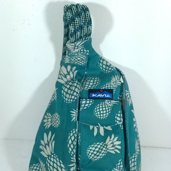 Kavu Rope Sling Bag Teal Pineapple print Crossbody Zipper Pockets boho Hippie - Picture 2 of 16
